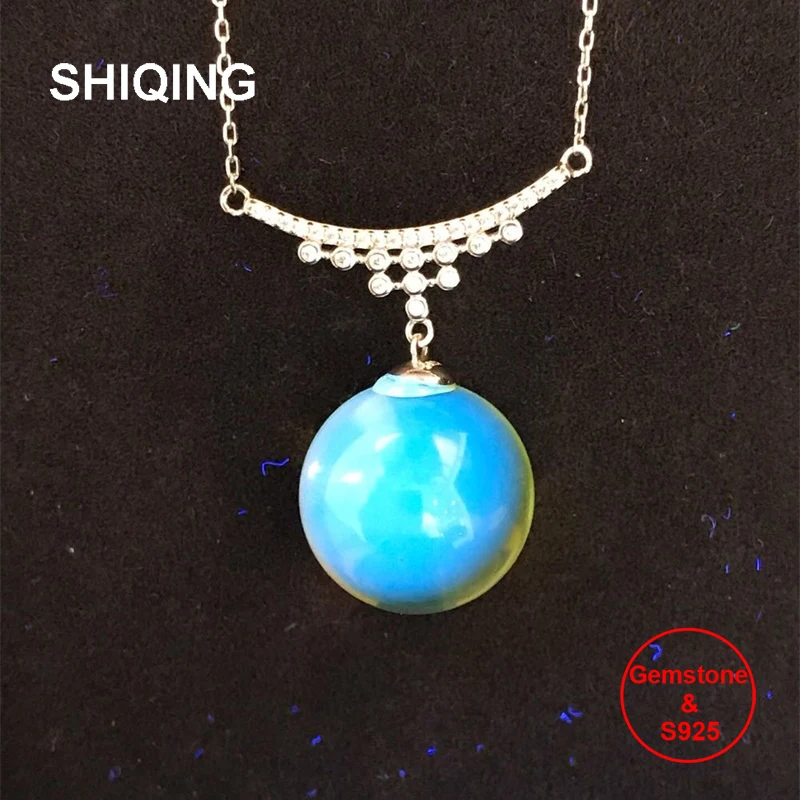 

SHIQING Clear nature blue amber 925 sterling silver gemstone necklace for women