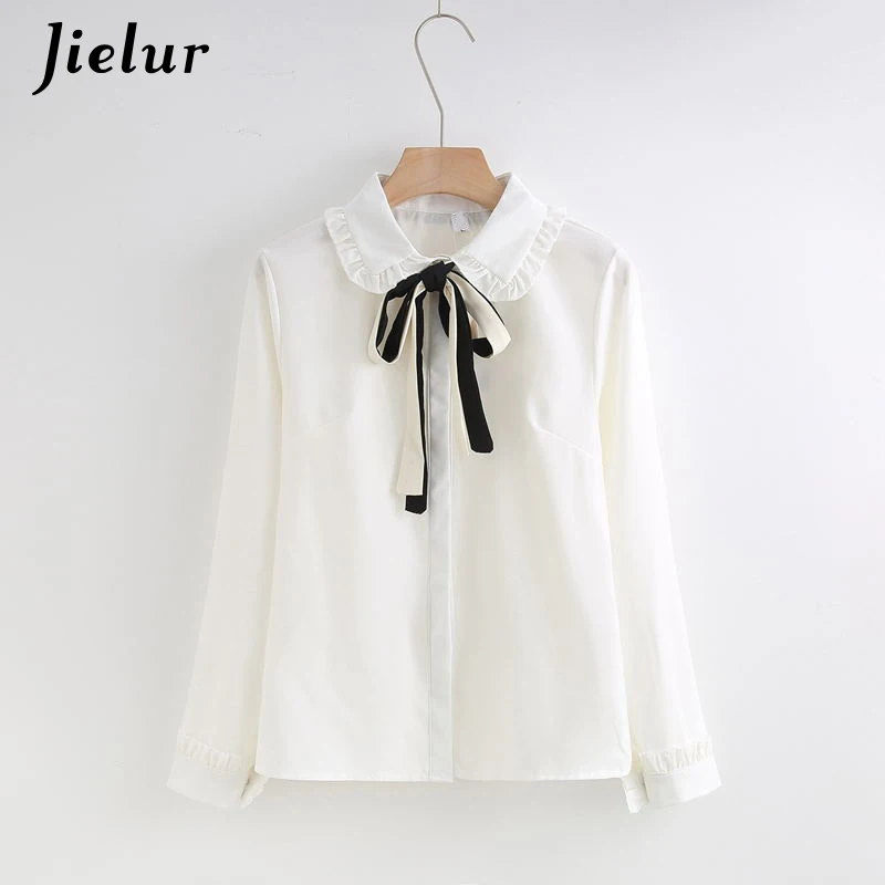 Jielur Kpop Style Women's Shirt Lace-up Solid Color Work Wear Blouse Retro Long Sleeve Womens Tops and Blouses Blusas Mujer S-XL |
