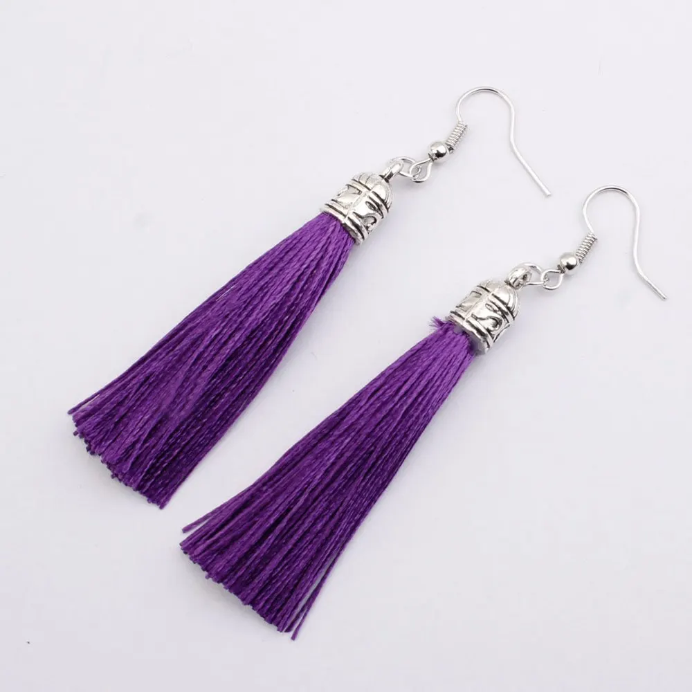 purple-1 Винтаж серьги для Для женщин серьги-кисточки с цветком падение Длинные висячие серьги красный, белый зеленый фиолетовый шелк ткани серьги Этнические JewelryTA01 - Окраска металла: purple-1