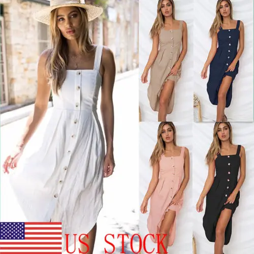 Новое Женское летнее повседневное длинное платье макси на пуговицах без рукавов