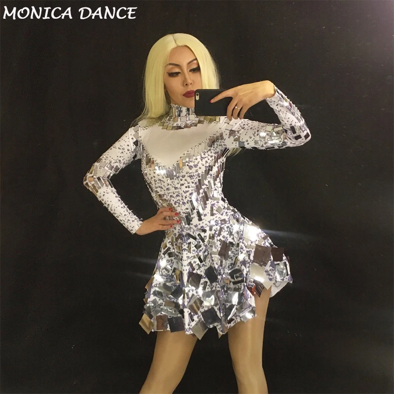 

Women Shining Silver Mirror Short Skirt Nightclub Celebrate Party Performance Christmas Singer Dj Dancer Clothing Bling Costume