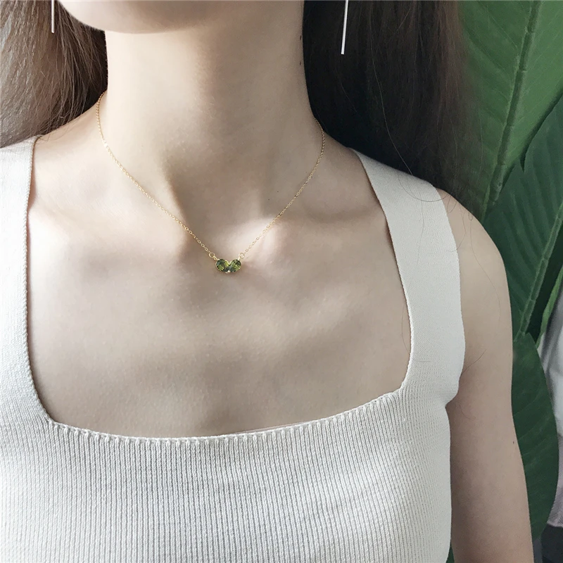 

New Korean 925 Sterling Silver Forever Love Heart Double Green CZ Charm Pendant Necklace Dainty Jewelry For Women Valentine