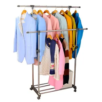 Double Rail Coat Stand Garment Rack Rolling Adjustable Organizer Shelf Hanger Heavy Duty with Wheels DQ0056B/E