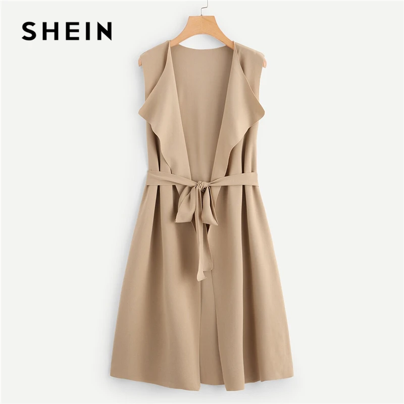 Женское длинное пальто SHEIN однотонное весеннее с воротником водопадом бантом на