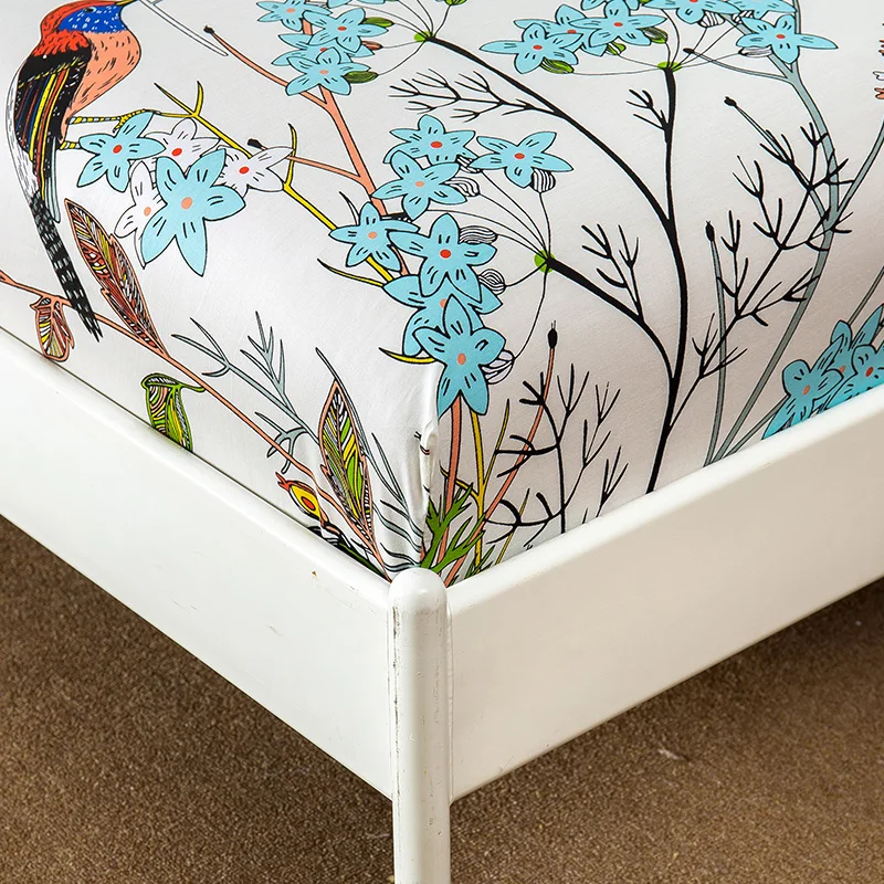 New Floral Bird Print Fitted Sheet with Elastic 100% Cotton Bed Twin Full Queen Size Mattress Cover Protector | Дом и сад