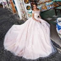 JULIA KUI Romantic Embroidery Tulle Boat Neck Wedding Dress Off The Shoulder 3D Floral Print A-Line Court Train Bridal Dress