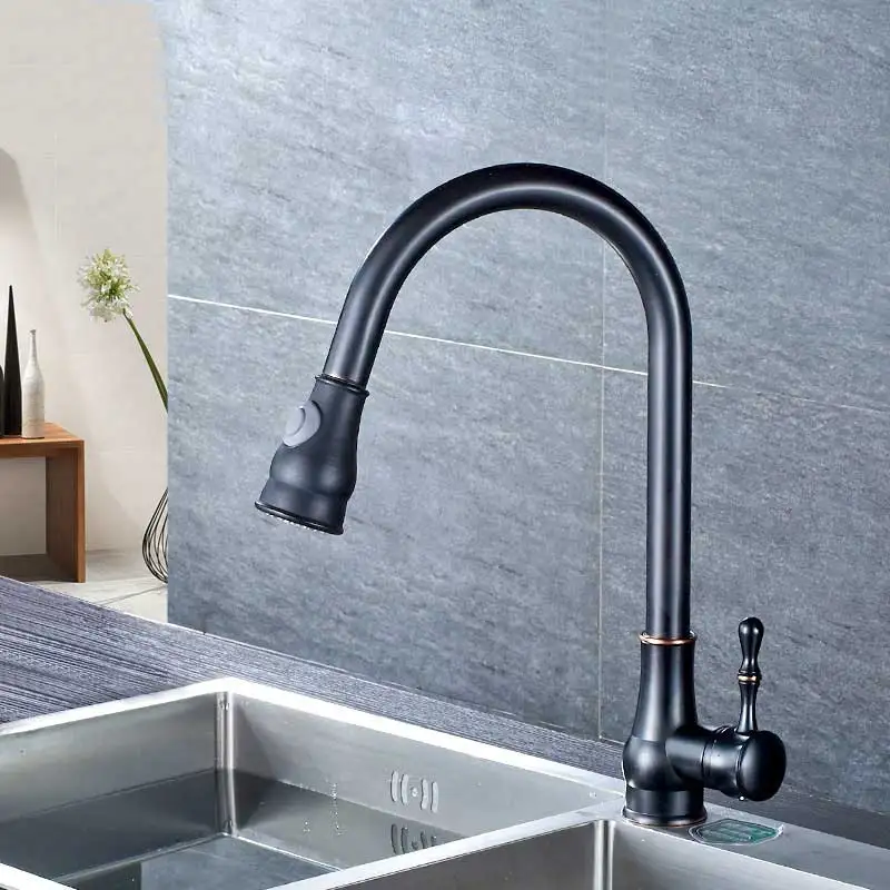 

Faucets Black Brushed Nickel Kitchen Faucet Single Handle 360 ​​Degree Rotation Spout Pull Out Taps Two Ways to Outflow Taps