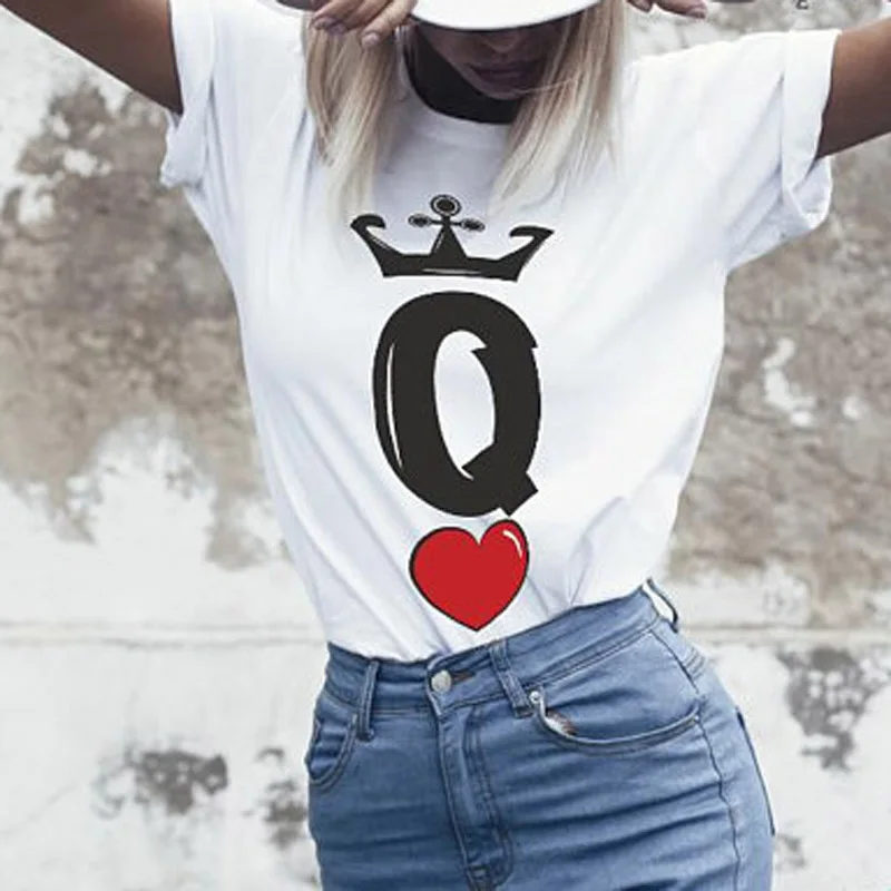 

Summer Fashion KING QUEEN Red Heart Letters Print T-Shirt Men Women Matching T Shirt Casual Funny Couples Lover Couple T Shirt