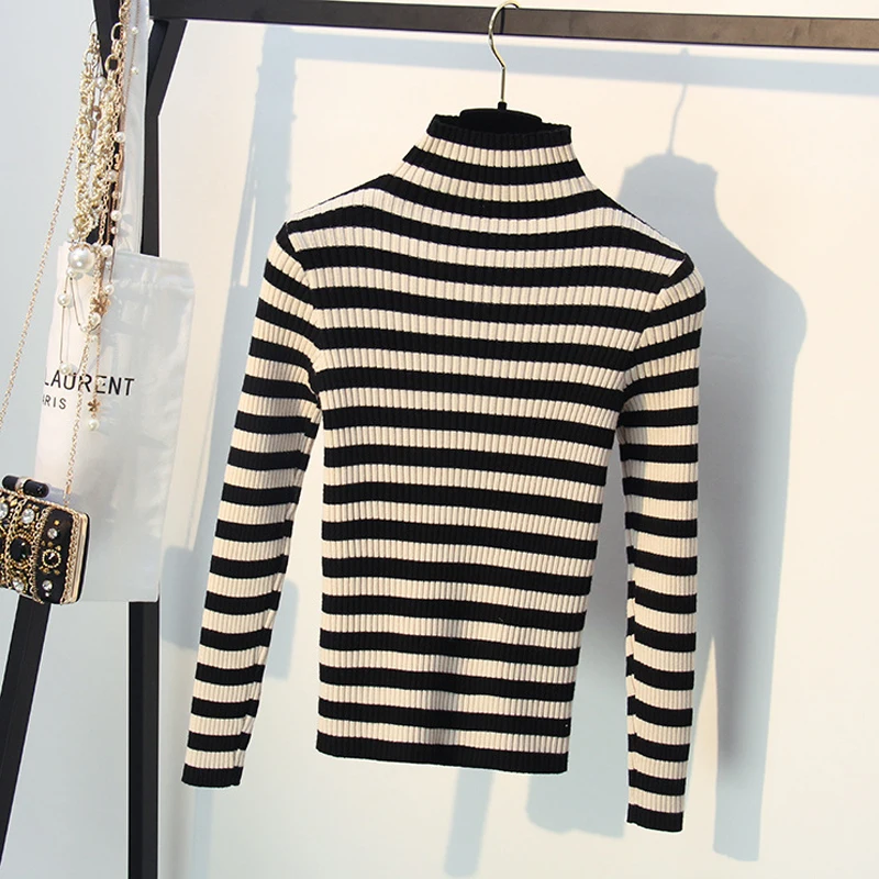 Autumn Winter Turtleneck striped Sweater Women Knit Casual Pullovers Long Sleeve high Elasticity female Cashmere sweater basic | Женская