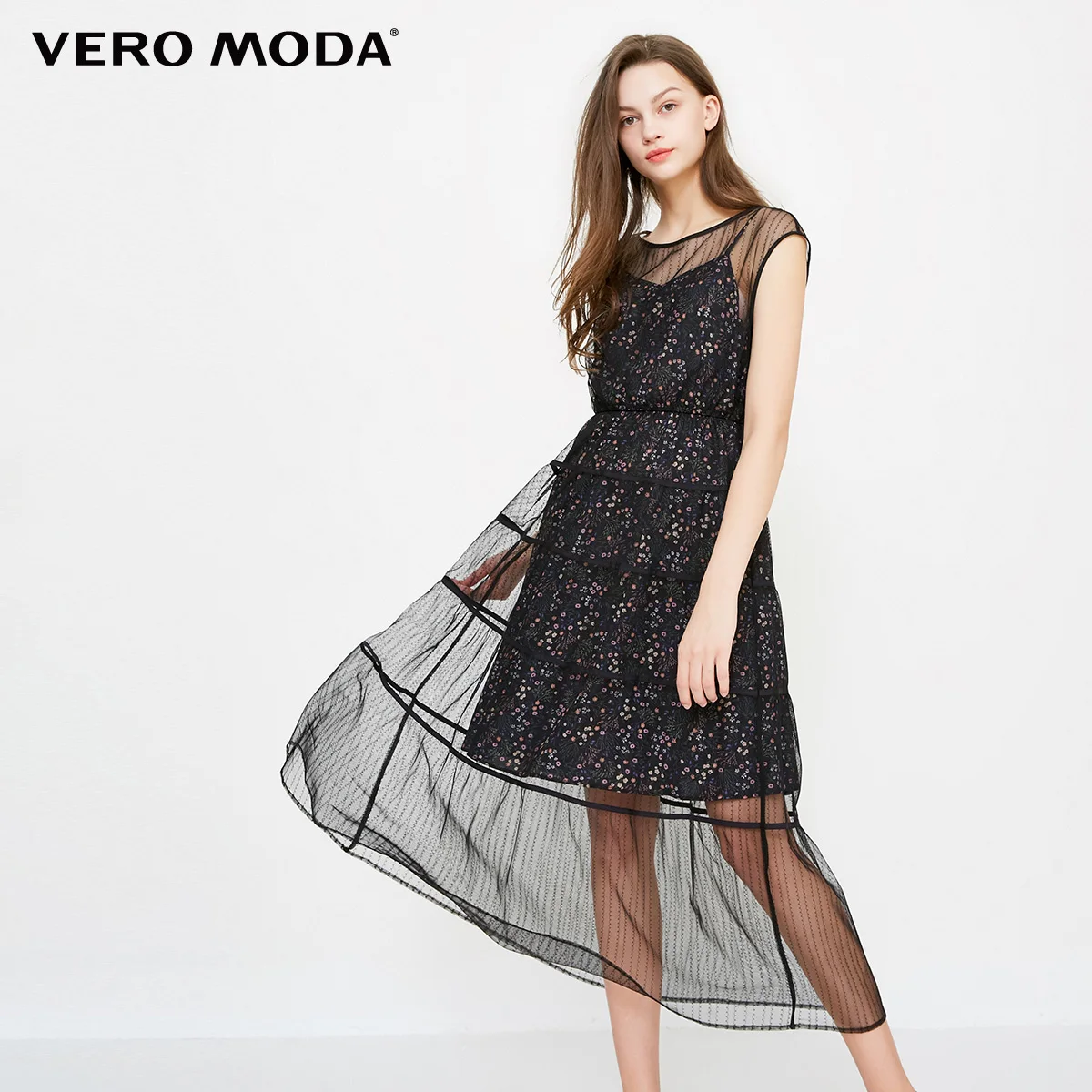 Vero Moda поддельные из двух частей печатных Gauzy летнее пляжное платье | 31837A507 - Цвет: Black