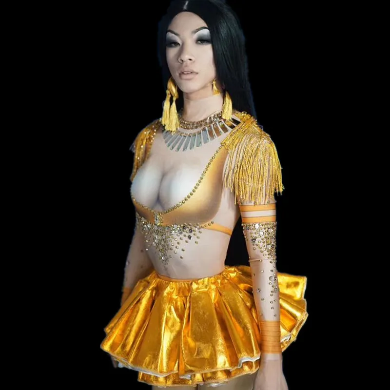 

Stage Performance Tassel Short Ladies Skirt Sexy Women Nigtclub Party Slim Dress Fashion Rhinestones Bodycon One Piece Dress