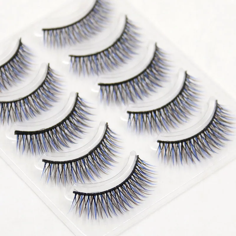 5 pairs Fashion Stage Show Makeup False Eyelashes Color Exaggerated Cotton Thread Blue Brown Cross Soft Fake | Красота и здоровье