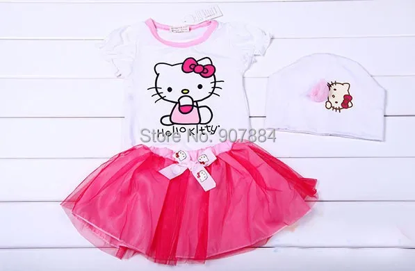 5setslot Fashion 2014 New Summer Short Sleeve Hello Kitty Baby Romper + Pink TUTU Skirt Hat Girl 3pc Clothing set | Мать и ребенок