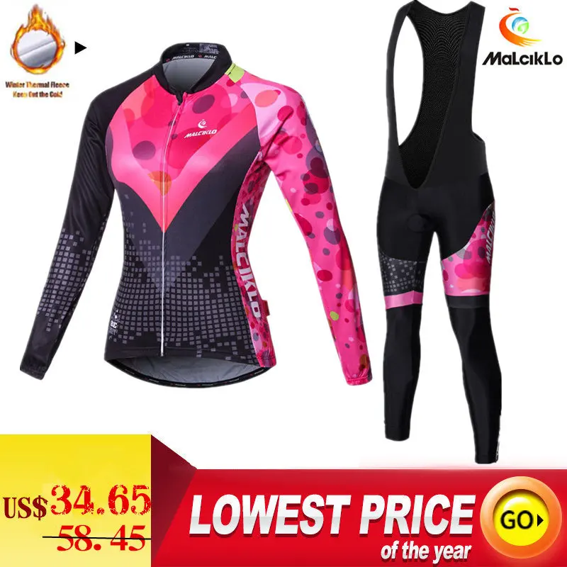 

2020 зимняя велосипедная Джерси Malciklo с длинным рукавом, теплый флис, зимняя женская одежда для велоспорта + брюки с нагрудником, велосипедные ...