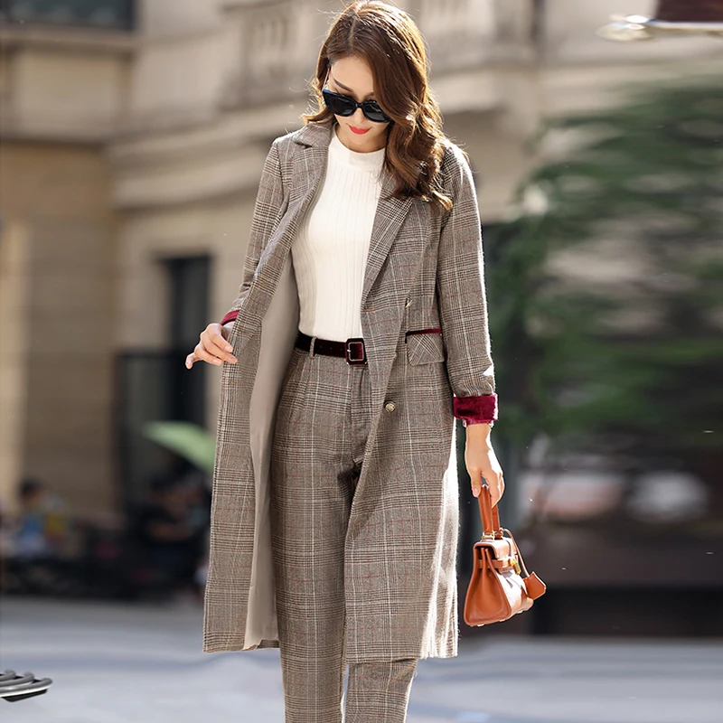 TWOTWINSTYLE, клетчатый Блейзер, костюм, женский, с воротником, двубортный, тонкий, длинный, пальто с поясом, высокая талия, размера плюс, штаны, OL