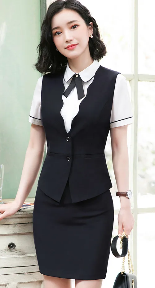 Black vest and skirt Темпераментный Модный женский жилет летний официальный деловой жилет пальто Офисная Женская рабочая одежда Униформа - Цвет: Black vest and skirt