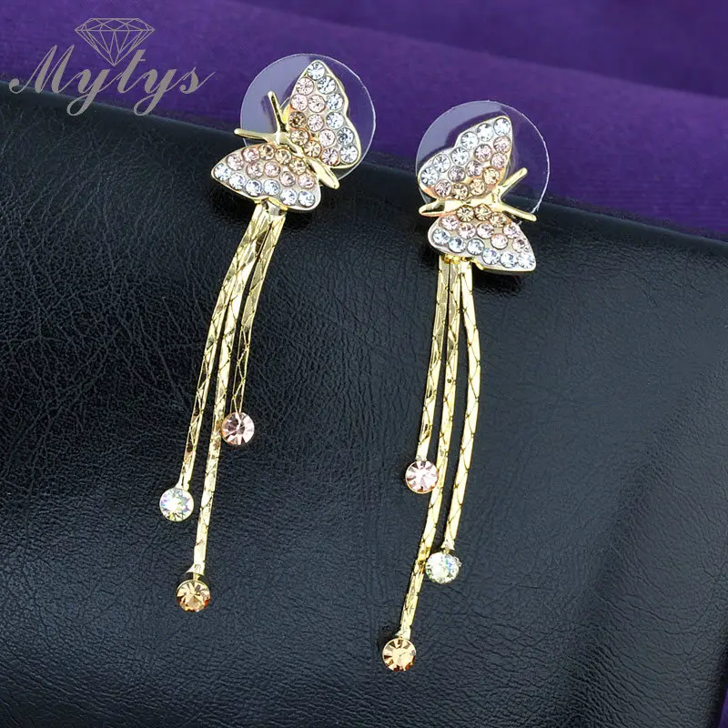 Mytys 2017 модные длинные висячие серьги в форме бабочки с кристаллами для женщин