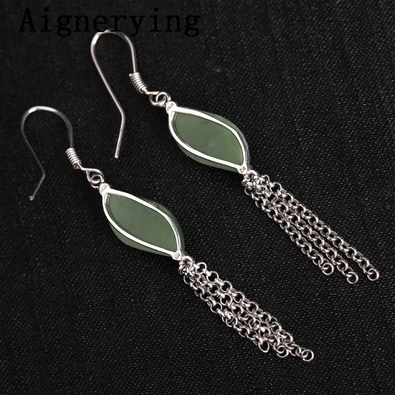 

Natural Hetian Green Jade Earrings Certificate 925 Sterling Silver Earing Women Willow Leaf Wedding Earrings Jewellery Gift box