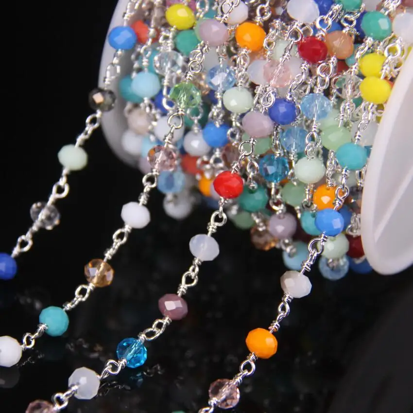 

5Meters Silver Plated 4x6mm Multicolor Glass Faceted Rondelle Beads Chain,Glass Crystal With Brass Wire Wrapped Rosary Chains