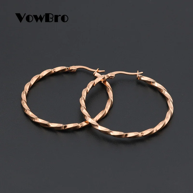 VowBro Girls Women Earrings 304 Stainless Steel Hoop Gold color Twist Round 15-60mm | Украшения и аксессуары
