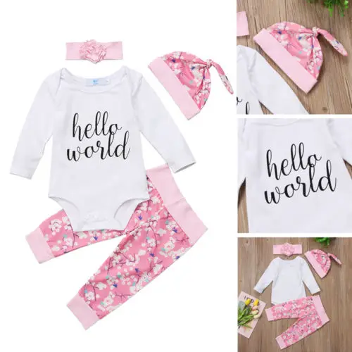Одежда для новорожденных девочек 4 предмета топы с надписью Hello World комбинезон +
