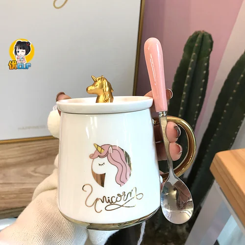 D1 cup with spoon Ins Единорог кружка с крышкой и ложкой интернет-знаменитостей супер милая чашка для воды прекрасная керамическая чашка для молока чашка для завтрака - Цвет: D1 cup with spoon
