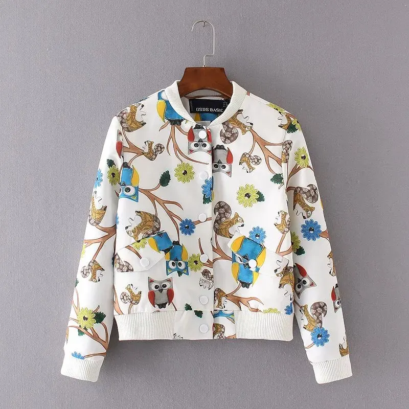 Женская укороченная куртка на молнии хлопковая куртка-бомбер с принтом Совы в