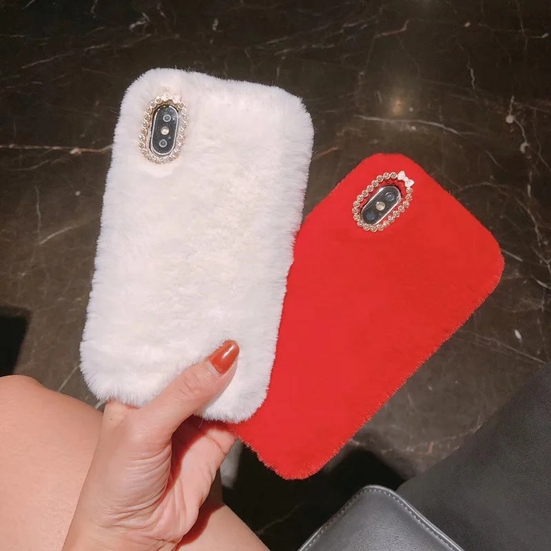 Luxury Rabbit Fur Case for iPhone XS Max XR Bling Diamond Soft Furry Plush Girly Cover 8 7 6 6S Plus Winter Warm |