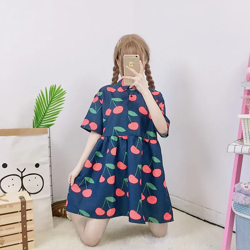 Платье женское с принтом вишни свободное в Корейском стиле Харадзюку|Женские