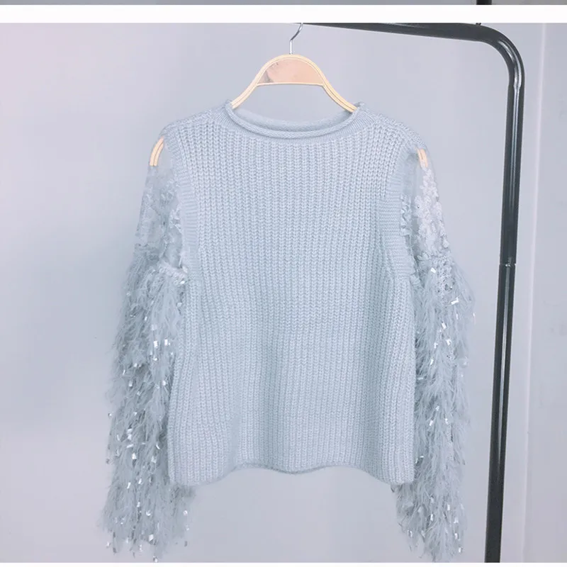 Свитер Женский вязаный однотонный с кружевными рукавами | Женская одежда