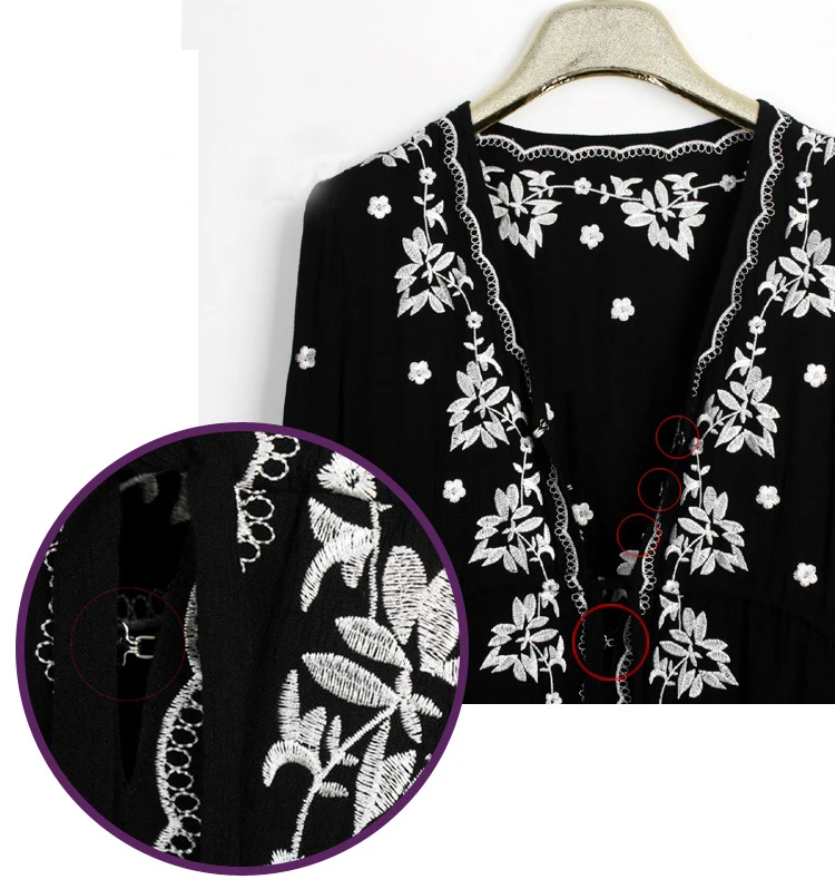 Женское этническое вышитое v-образным вырезом свободное хлопковое длинное