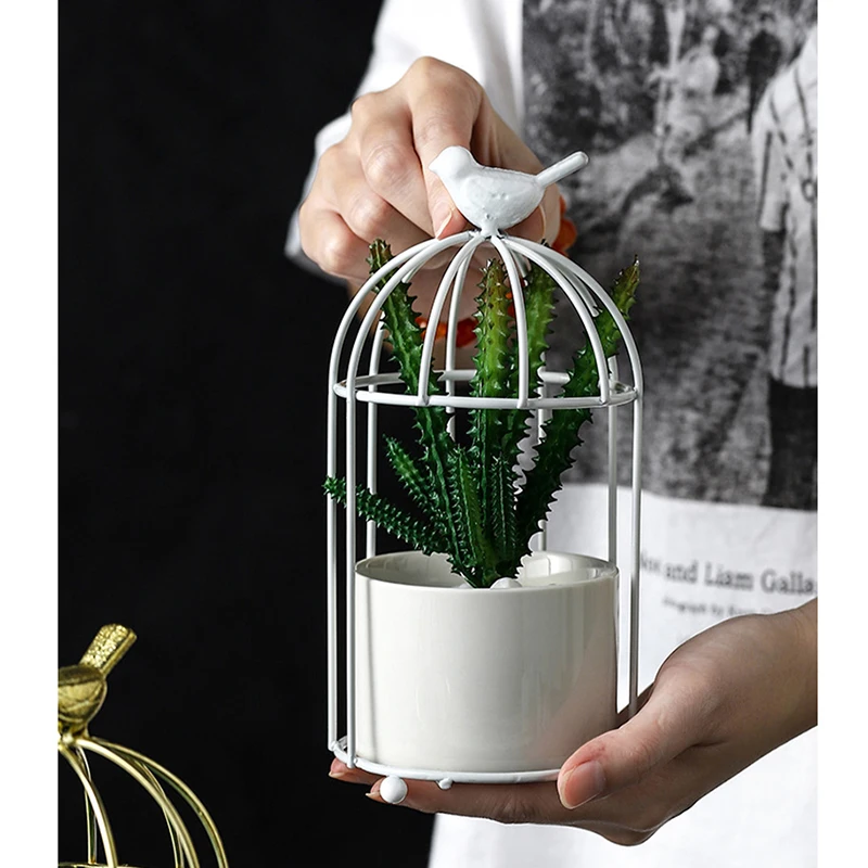 Дизайн птичьей клетки керамический цветочный горшок с металлической полкой