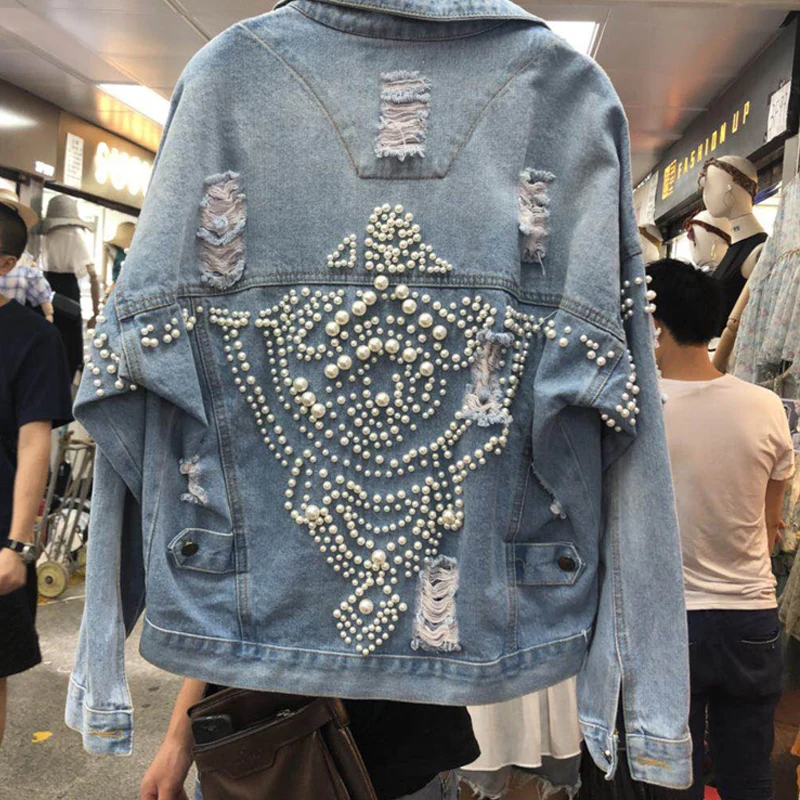 Весенние винтажные джинсы, куртка Для женщин Harajuku жемчуг Бисер Повседневное свободные Джинсовые куртки пальто женская верхняя одежда Casaco Feminino - Цвет: blue