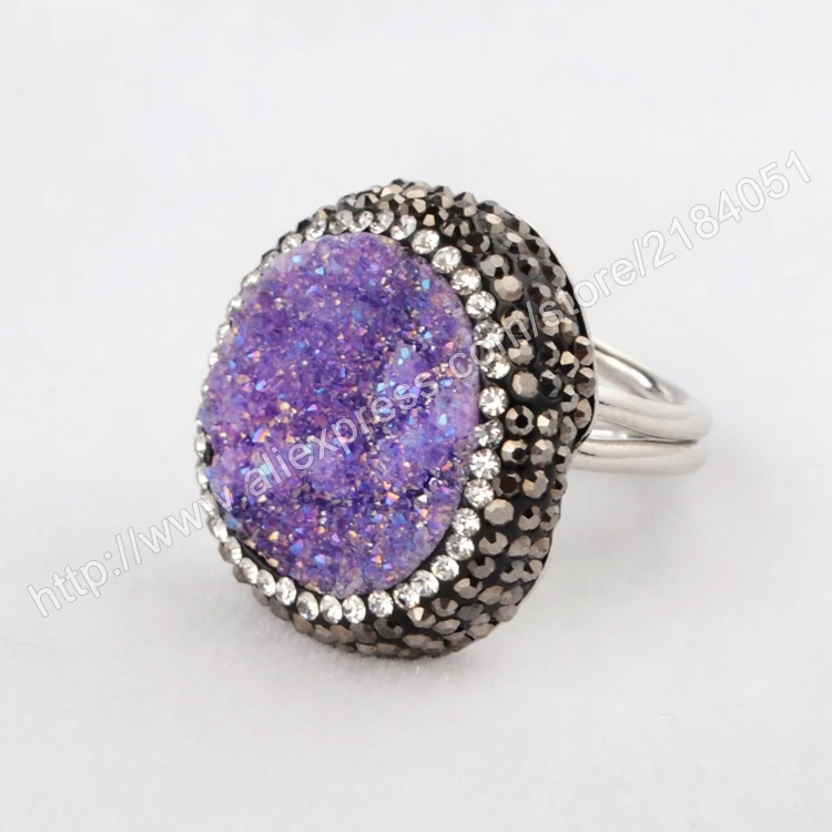 Round Dyed Purple Agate Druzy Geode Ring For Woman Gun Black Crystal Rhinestone Pave Zircon Fashion Design JAB084-4 | Украшения и
