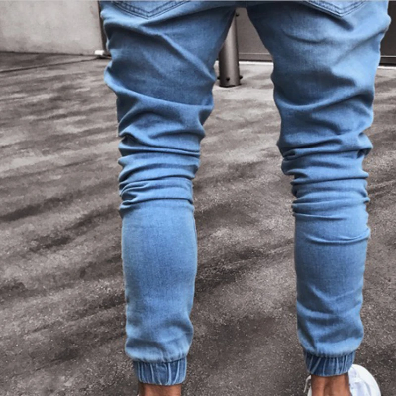 Men denim pants blue Jeans men Slim fit striped Hip hop Skinny pencil For high street stretch elastic jeans | Мужская одежда