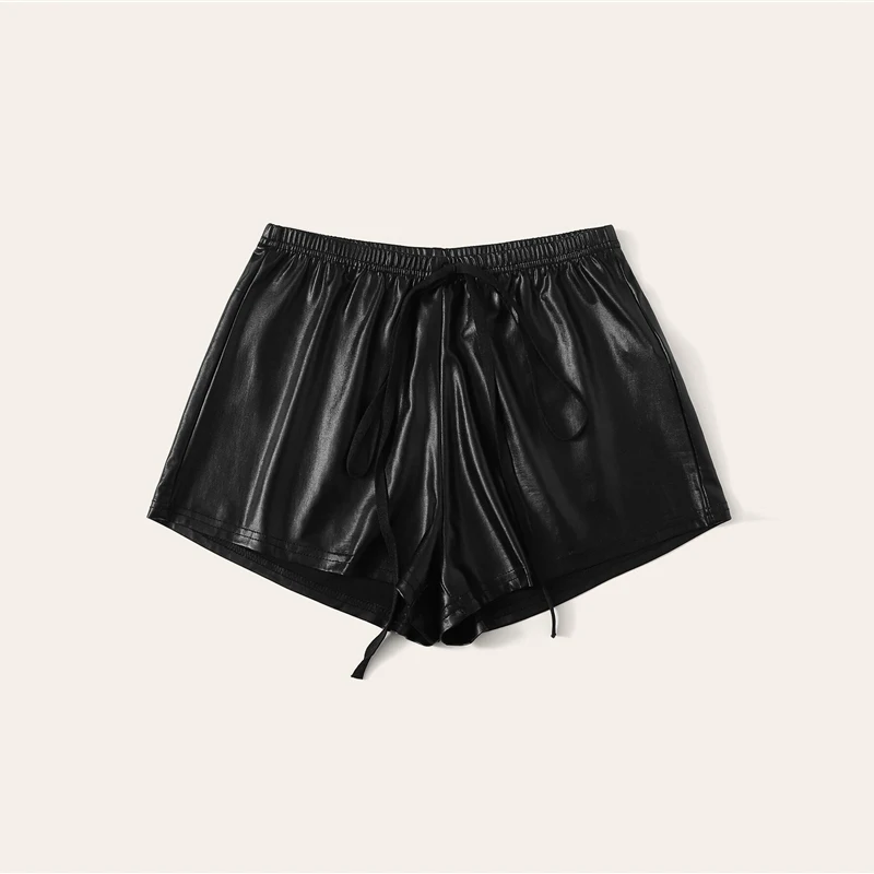 SHEIN однотонные шорты из искусственной кожи с завязками на талии, женская одежда, женские Гламурные Серебристые летние шорты с эластичной талией