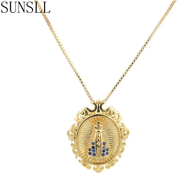 

SUNSLL New Arrival Fashion Feminina Colar Gold Copper Blue Cubic Zirconia Medal Pendant Necklace Jewerly for Women Gift Street