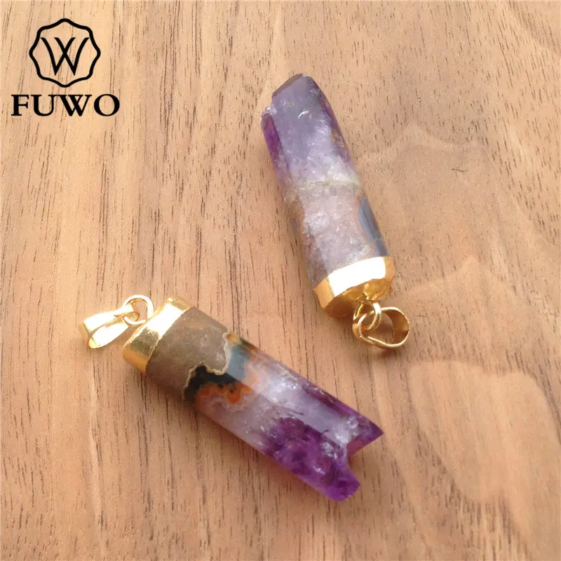 Подвеска-цилиндр FUWO аметист позолота 24 карата полированный фиолетовый кристалл
