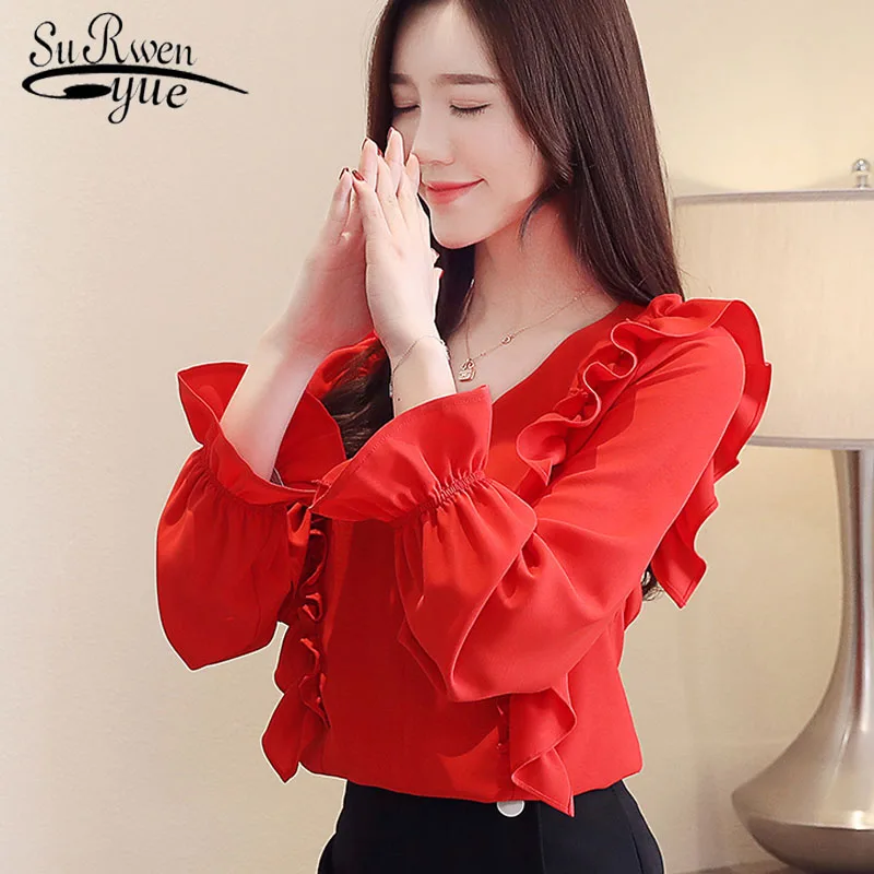 

2019 spring fashion women chiffon top and blouse V-neck long sleeve office Lady chiffon shirts Ruffle pattern women tops 2679 50