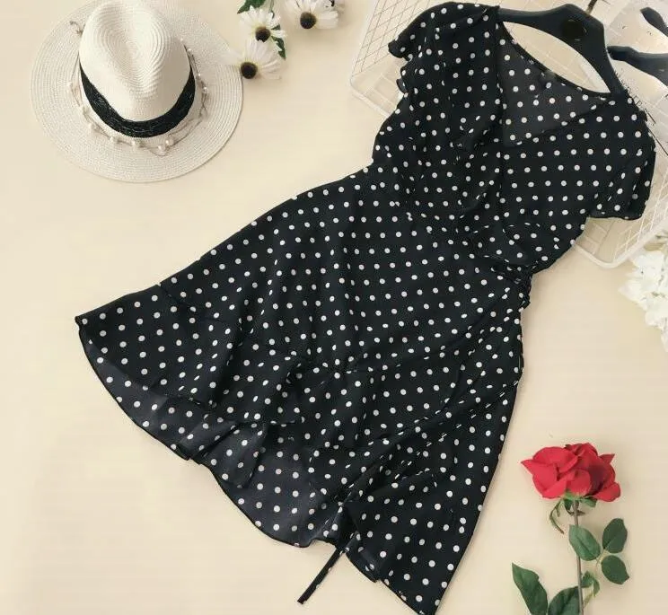 2019 Summer Polka Dot Wrapped Dress V Neck Ruffles Sexy Mini Slim Bodycon Vacation Beach | Женская одежда