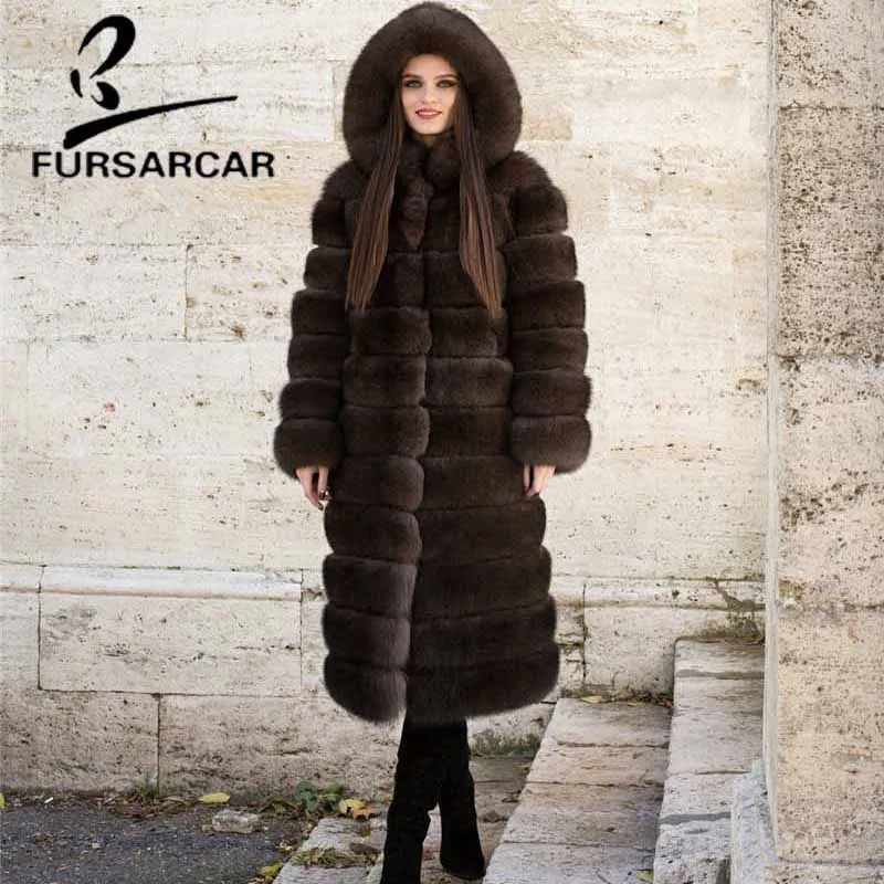FURSARCAR 2018 Новое роскошное пальто из натурального Лисьего меха с меховым капюшоном
