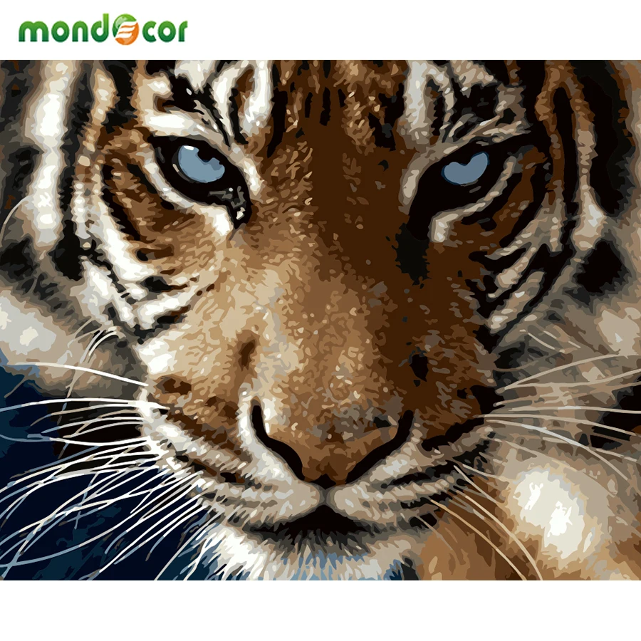 Mondecor Framed Tiger DIY Oil Painting By Numbers Kit Paint on Canvas Home Decoration Wall Art 40*50cm Pictures for Living Room