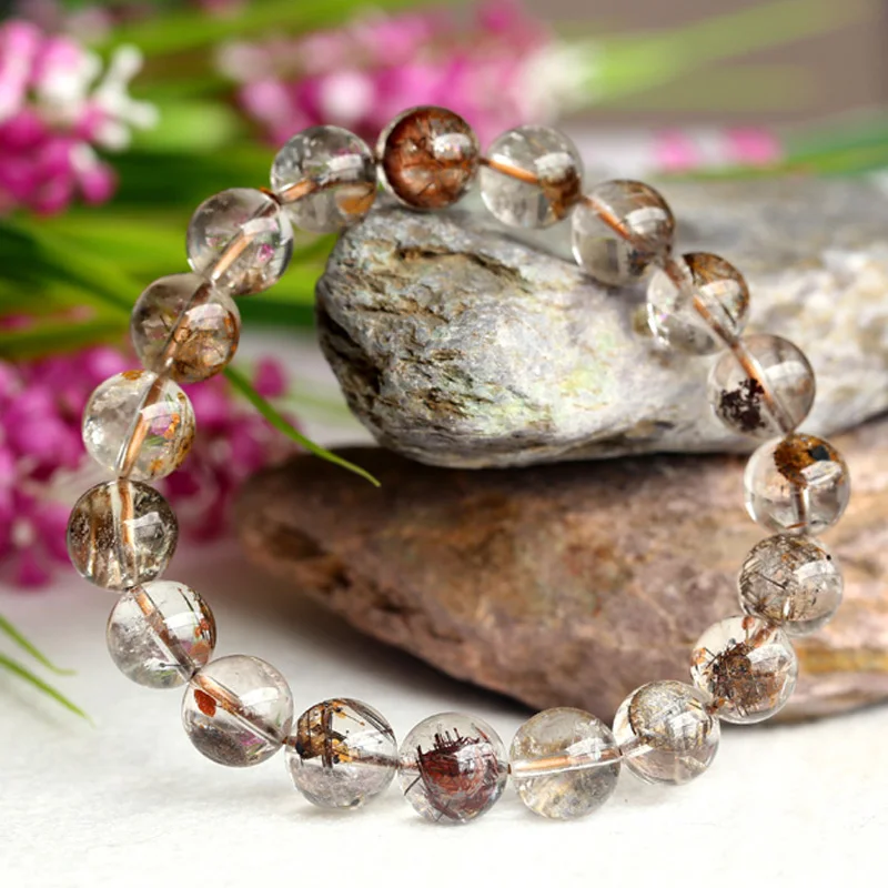

Clear Natural Coffee Mica Titanium Hair Needle Rutile Quartz Rutilated Finished Stretch Bracelet Round Jewelry Beads 10mm