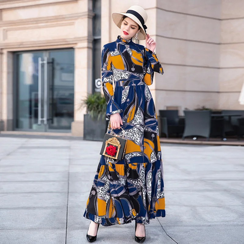 Брендовое Макси длинное платье 2019 женское с длинным рукавом элегантное