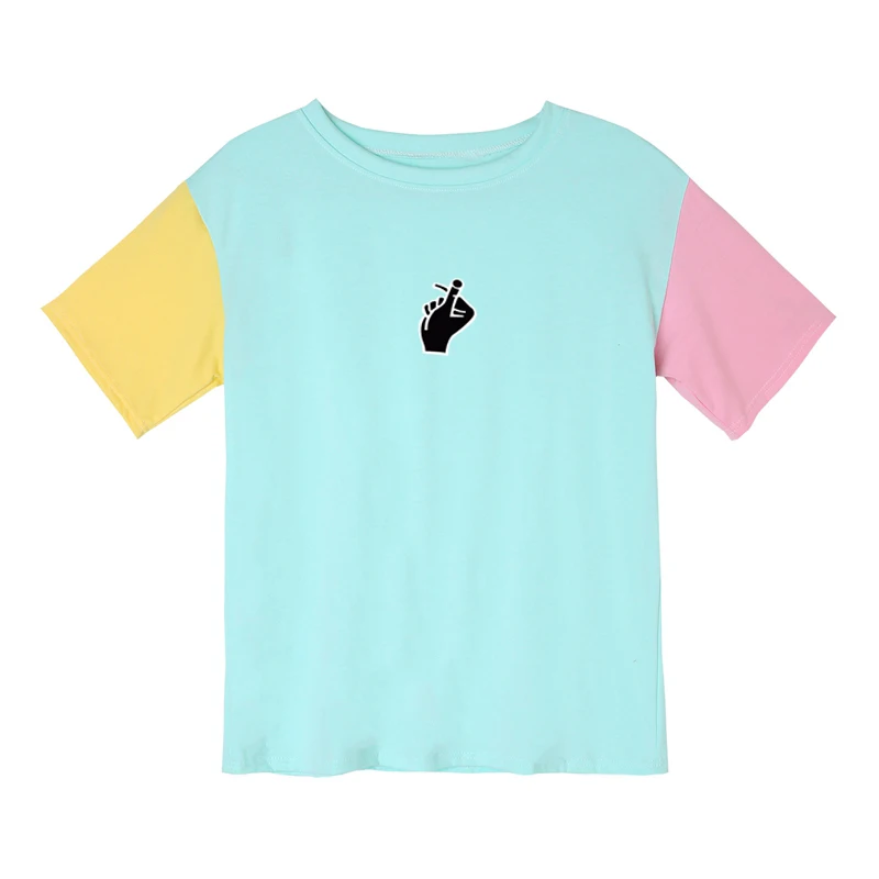 Summer Women's T Shirts Kpop Cotton Funny Harajuku Mutlicolor Spliced Love Guesture Printed Clothes Tee Shirt Femme Vintage Tops | Женская