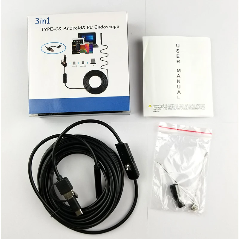 Водонепроницаемый эндоскоп AN100 3 в 1 камера бороскопа Android USB Type C мини 7 мм для
