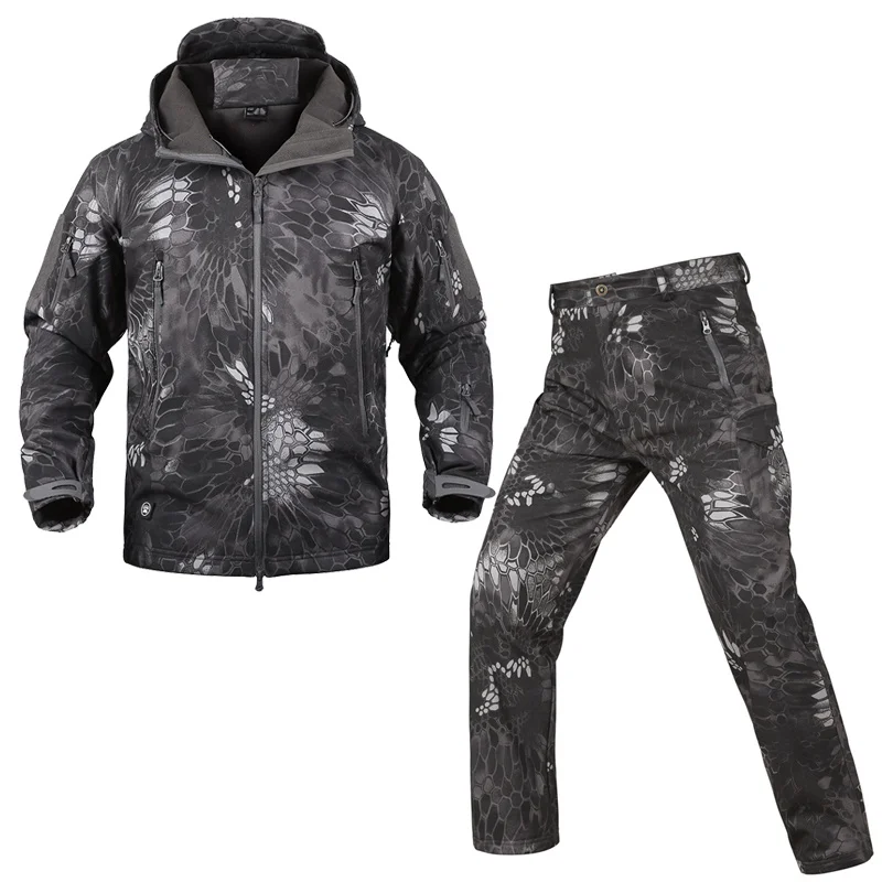 Black python Set Камуфляжная ветровка зимняя водонепроницаемая флисовая мягкая оболочка мужской комплект теплые толстовки военная куртка армейские тактические штаны Одежда - Цвет: Black python Set