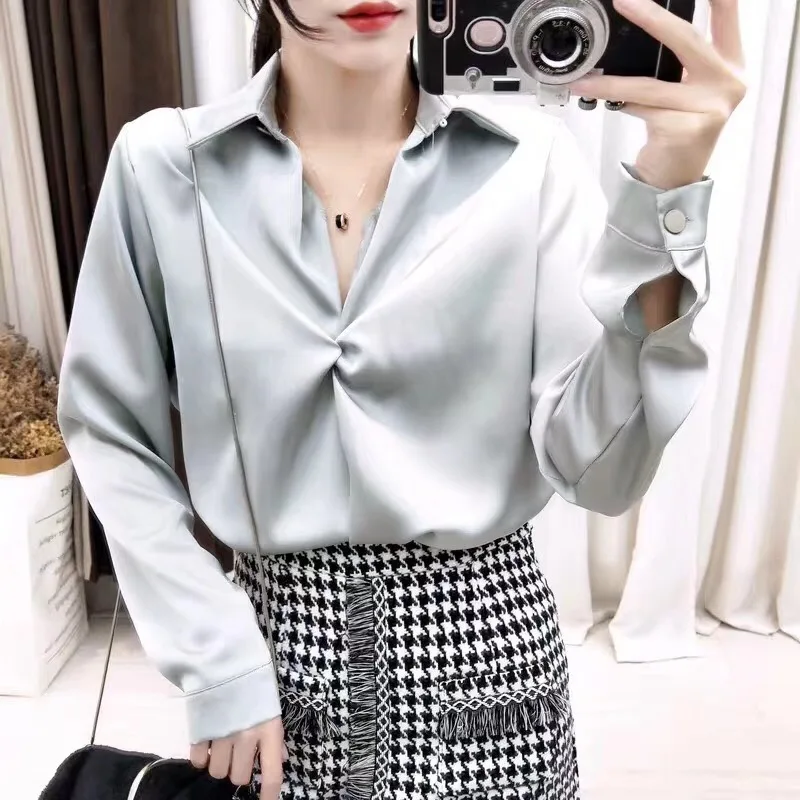 Женская атласная блузка с V образным вырезом длинным рукавом|Блузки| |