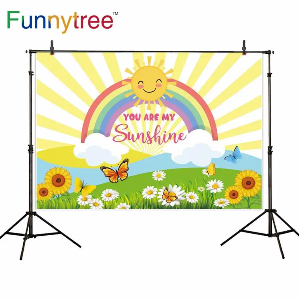 Фон для фотографии Funnytree с радугой, солнечным цветком, весенним бабочками и вечеринкой для фотосессии в фотобудке.