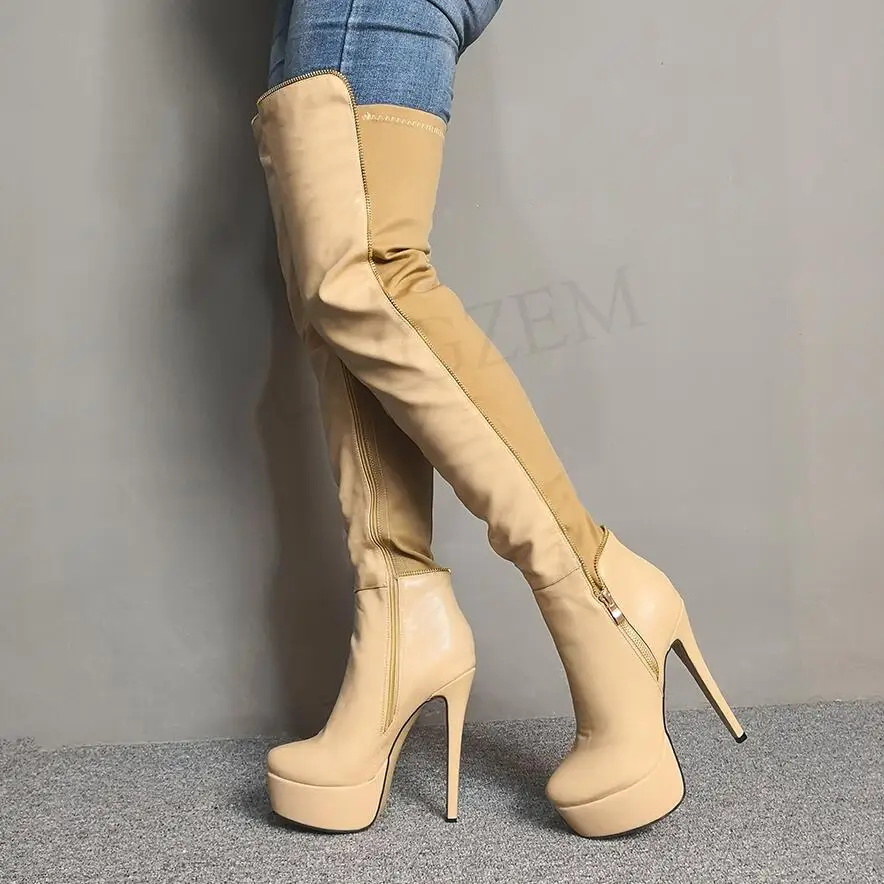 LGZ337 Nude LAIGZEM/Botines Mujer; женские облегающие высокие сапоги; эластичные высокие Клубные сапоги до середины голени на платформе и высоком каблуке; большие размеры 34-52 - Цвет: LGZ337 Nude